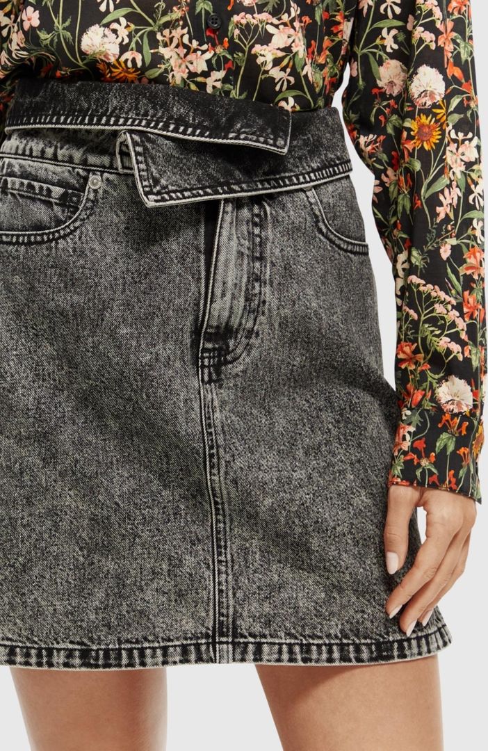 SCOTCH & SODA - Seasonal fold over black denim skirt with wash effects